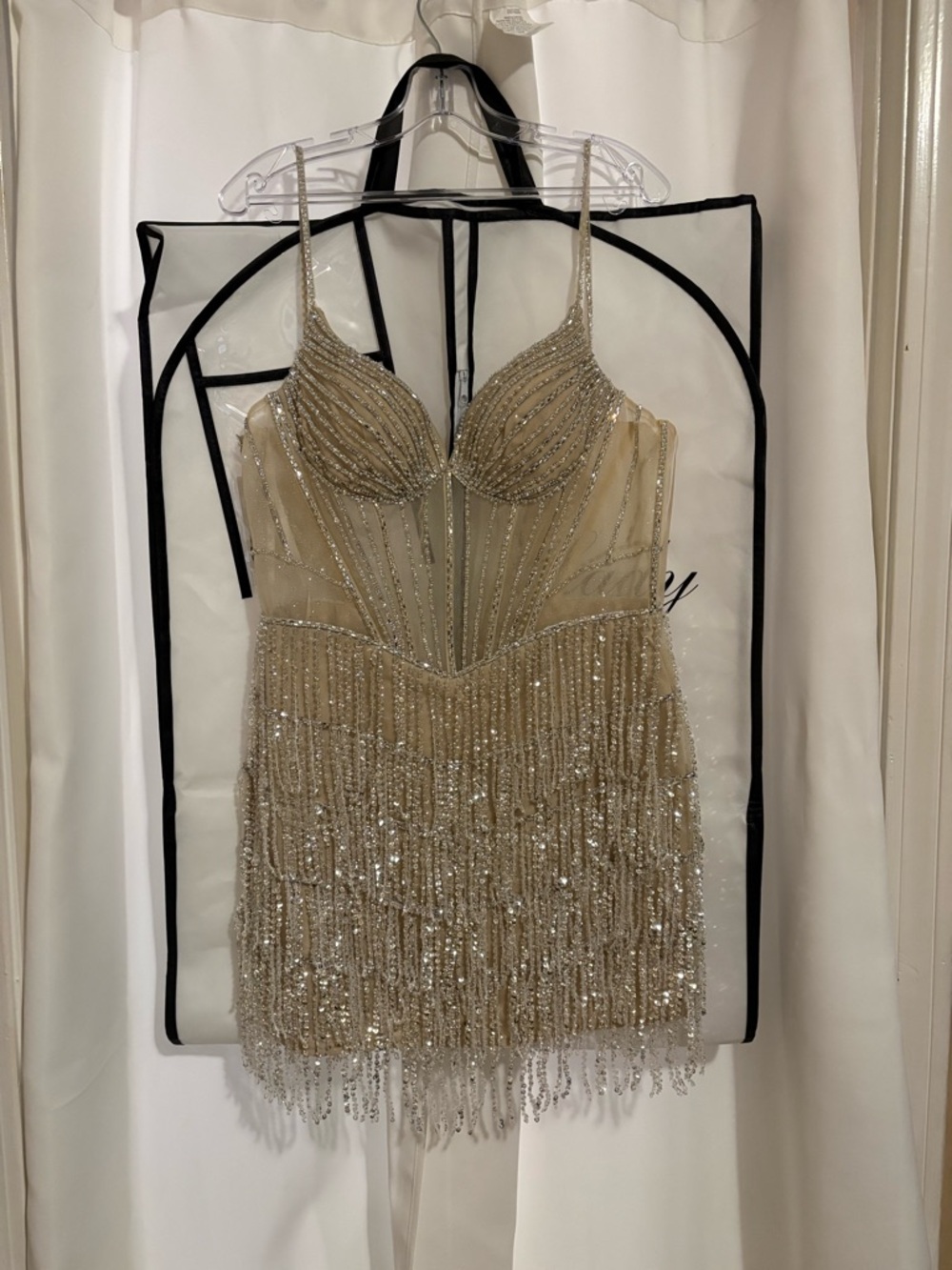 Mercury Mini Dress - Short Sequin Fringe Cocktail Dress (Platinum Size 14)